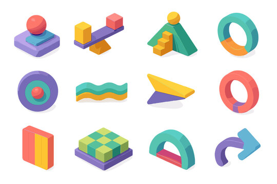 Stylish Isometric Icons. Value of Moderation flat isometric set: restraint cue tile, balanced path bar, mindful step node, temperance ring, clarity dot, steady-flow stripe, limited