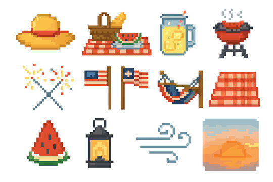 Independence Day Icons. Independence Day Summer Vibes set of icons in flat pixel vector style: sun hat, picnic spread, lemonade jar, barbecue grill, sparklers, handheld flags,