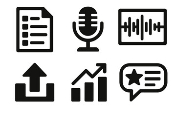 Podcast Icons Collection. Podcast Lifecycle Management silhouette set: episode planning sheet, recording mic icon, editing timeline, publishing arrow, analytics chart, audience