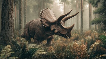 Fototapeta premium Triceratops in Misty Prehistoric Forest Landscape