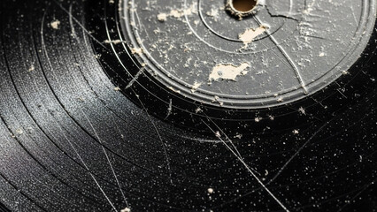 Obraz premium Vintage Vinyl Record Close-Up Showing Scratches and Dust for Nostalgic Design