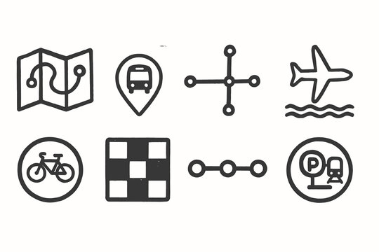 Transportation outline icon set. Travel, biking, and parking outline icons collection
