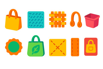 Shopping bag, fabric, and woven flat icon set. Colorful merchandise icons collection