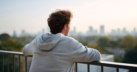 Young man in gray hoodie leaning on balcony railing overlooking blurred city skyline during daytime