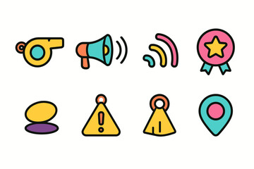 Communication and alert flat icon set. Megaphone, whistle, alert symbols collection