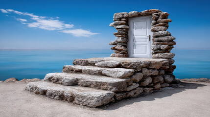   A door perched atop a rocky mound beside a tranquil body of water, framed by a clear blue sky