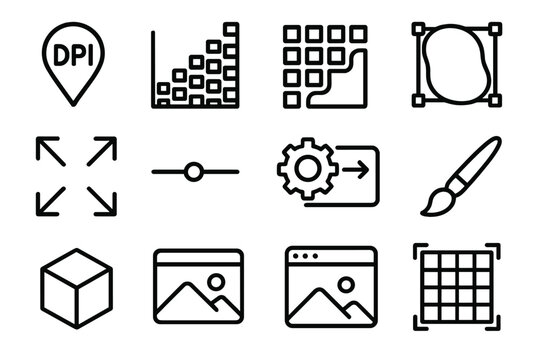 Image Editing Icons. Image Resolution Elements linear set: DPI marker, pixel density chart, raster block, vector outline, scaling arrows, resolution slider, export settings gear,