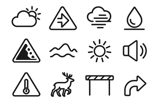 Weather Safety Icons. Environmental Prevention Signs linear set: weather shift cloud, strong wind caution arrow, reduced visibility haze, wet-surface droplet, debris zone marker,
