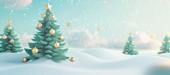 Winter Christmas background with festive teal trees, golden ornaments, star toppers, and falling snow in a serene snowy landscape.