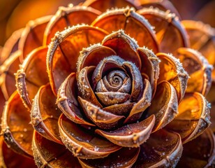 Close up macro view of a frosted pine cone in warm golden hour sunlight