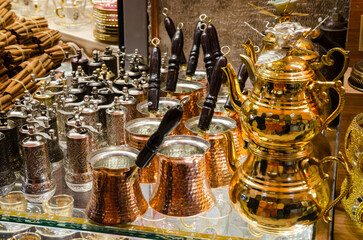 Traditional Turkish coffee pots Cezve at bazaar in Istanbul, Turkey.