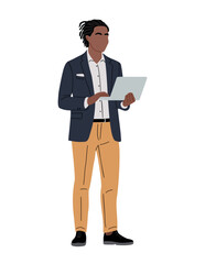 Flat minimalist illustration of an African American businessman in smart attire holding a laptop isolated on transparent background