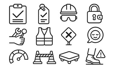Safety Icons Overview. Safety Readiness Cues linear set: pre-check clipboard, equipment inspection tag, safety gear reminder, secure latch icon, tool condition check, visibility