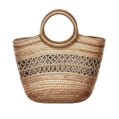 Watercolor Woven Straw Tote Bag with Cutout Pattern isolated on a transparent background