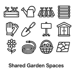 Fototapeta premium Community Garden Icons. Shared Garden Spaces linear set: raised bed plot, watering can, seedling tray, compost bin, garden gloves, soil trowel, community signpost, shared tool shed