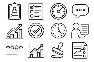 Organizational Review Icons. Training Review Set linear set: assessment form, task checklist, results gauge, comment bubble, growth arrow, review emblem, timing clock, observer