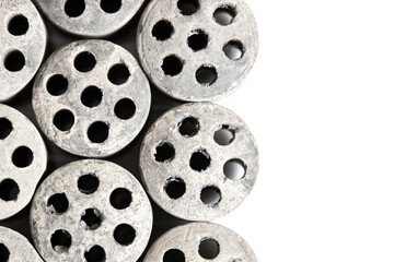 Carbon dioxide reforming of methane. Nickel catalyst seven holes cylinder pellet form shape methanol synthesis industrial petrochemical view close up shot texture background with copyspace.