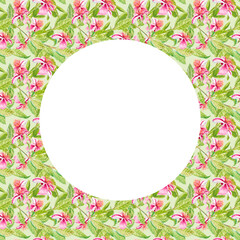 Feijoa. Square template for invitation, greeting card, label, banner with place for text with feijoa leaves, buds, fruits and pink flowers. Watercolor hand drawn illustration with copy space