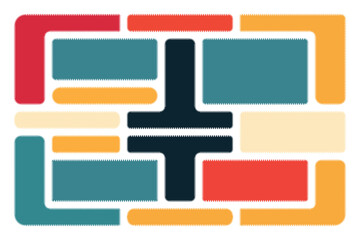 Obraz premium Abstract vector illustration of geometric blocks with stitched serrated borders forming complex symmetrical pattern