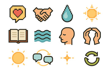 Deep Conversation Icons. Deep Conversation pixel style set: heart-infused bubble, empathy hands, reflective droplet, soft glow, shared journal, calm waves, thoughtful line, trust
