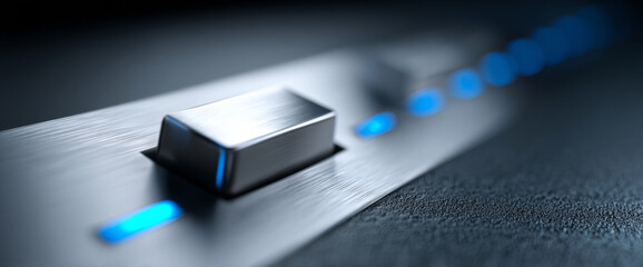Close-up of a metallic slider control with blue LED indicators on a textured surface, showcasing modern electronic device interface design and technology