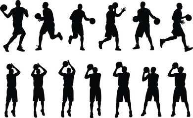 Basketball player action silhouettes set, male athletes dribbling, running, and shooting the ball, sport competition vector illustration collection, professional team player concept.