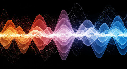 Vibrant sound wave visualization displaying oscillating frequencies in warm and cool color spectrums against a dark background