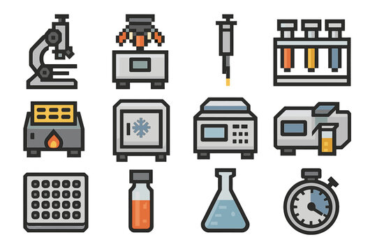 Lab Equipment Icons. Lab Testing Devices set of icons in flat pixel vector style: compound microscope, tube spinner, adjustable pipette, reagent rack, heating block, cooling