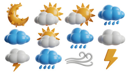 Collection of weather icons including sun moon clouds rain wind and lightning