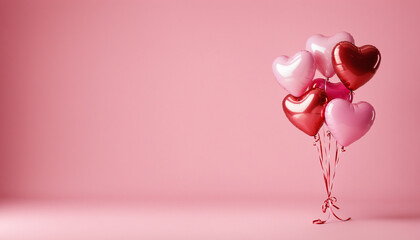 Glossy heart shaped balloons bunch floating on pink pastel background, minimalist valentine day concept, love and romance celebration, 3d render, copy space.