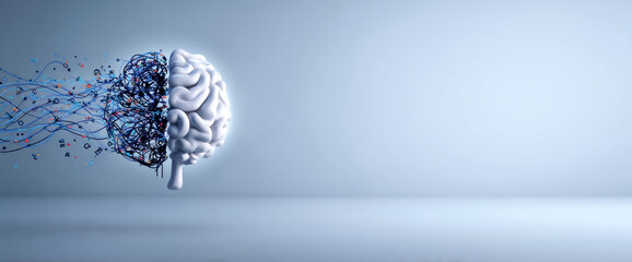 Conceptual image of a human brain with one half formed by white solid structure and the other half composed of tangled wires and floating symbols on light background