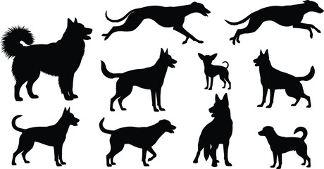 Collection of diverse dog silhouette vector illustrations featuring running, standing, and sitting canines for pet design projects, branding elements, animal graphics, and creative artwork