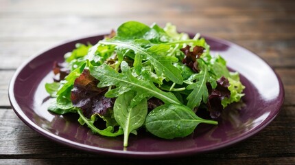 Fresh mixed salad with leafy greens including spinach and various types of lettuce served on a purple plate