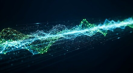A stylized digital rendering depicting a flowing, interconnected wave of data. The image is filled with glowing dots and lines