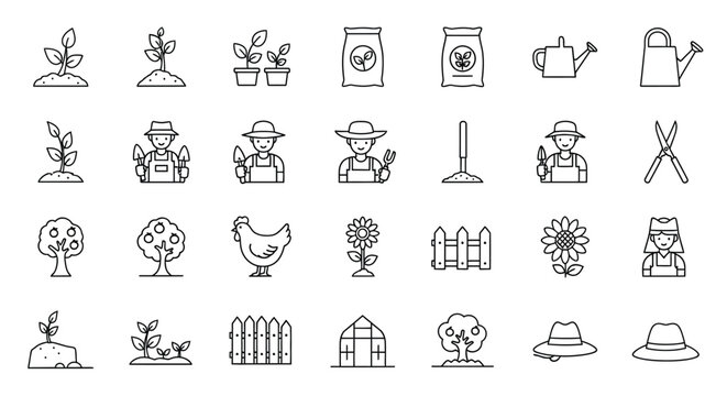 Collection of gardening icons representing various aspects of horticulture isolated on, from planting to harvesting and tools