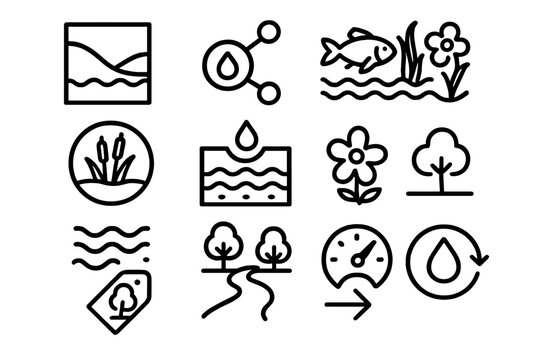 Eco-Protection Icon Set. Sustainable Water Protection linear set: watershed stability tile, pollutant-control node, habitat-defense bar, wetland purifier ring, runoff barrier patch