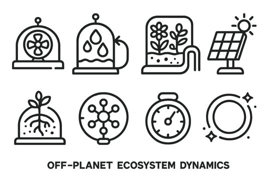 Intergalactic Ecosystem Dynamics. Off-Planet Ecosystem Dynamics linear set: atmosphere regulation fan, continuous water loop, nutrient flow pipe, biotic diversity patch,