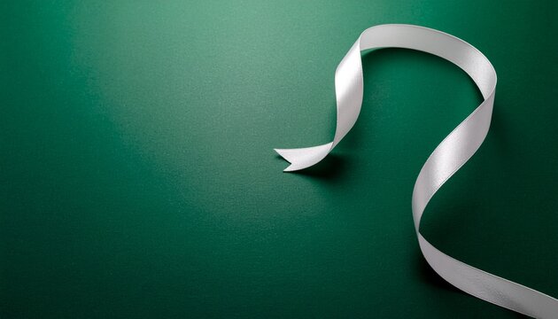 Moss green background with one elegant white satin ribbon loop in the top right corne