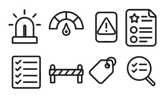 Safety Icon Set. Awareness & Risk Monitoring linear set: alert beacon, risk scale, hazard cue card, evaluation form, safety checklist, caution bar, monitoring tag, review icon.