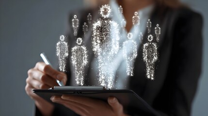 Female HR specialist taking notes with holographic social media icons. Concept: Human resources, global recruitment, talent networking, digital hiring, business success, and social media integration.