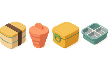 Eco Lunchware Icons. Eco Lunch Containers flat isometric set: bamboo bento box, silicone snack cup, stainless divider tray.