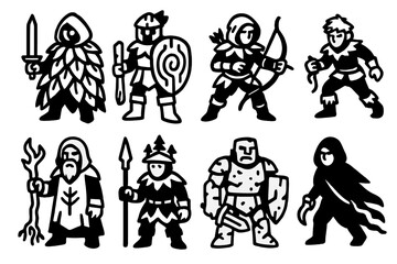 Forest Defender Icons. Forest Defender Characters linear set: leaf-cloak guardian, bark-shield sentinel, vine-wield ranger, moss-foot scout, root-caller druid, pine-crest watcher,