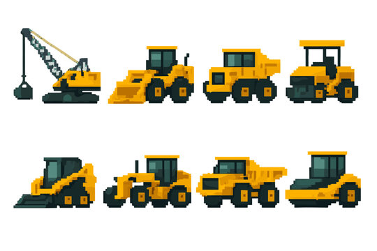 Industrial Machinery Icons. Industrial machinery vehicles set set of icons in flat pixel vector style: dragline excavator, front-end loader, rigid-frame dump truck, road paver,