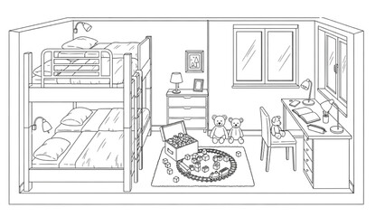 High-quality black line art of a kids’ bedroom floor plan with bunk beds, toy area, and study desk, playful interior layout design
