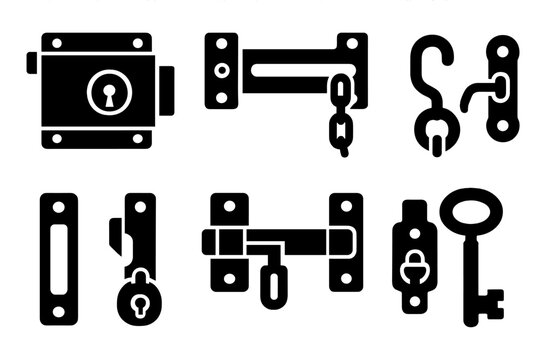 Brutalist Door Hardware Icons. Door locking hardware silhouette set: rim lock, latch bolt, chain guard, hook-and-eye latch, strike plate, barrel slide, cabinet lock, skeleton key.