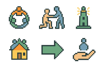 Fototapeta premium Guardian Icon Set. Local Guardian Symbols set of icons in flat pixel vector style: community ring, helping figure, calm beacon, shared home, guidance arrow, protective hand.