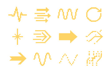 Pixel Energy Icons. Energy Movement Concepts Set pixel style set: pulse path, directional stream, wave-flow band, circulating spark, kinetic pulse, radiant motion strip, flow arrow