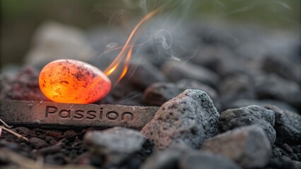 Glowing stone with fire and the word Passion