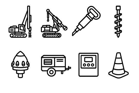Drilling System Icons. Mining and construction drilling systems set linear set: rotary drill rig, blast hole drill, core sampler, auger bit, drill head, compressor unit, control