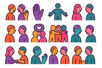 Social Connection Icons. Social Connection Moments isometric flat set: friendly greeting, open-hand gesture, inclusive stance, calm listening icon, appreciative nod, shared emotion